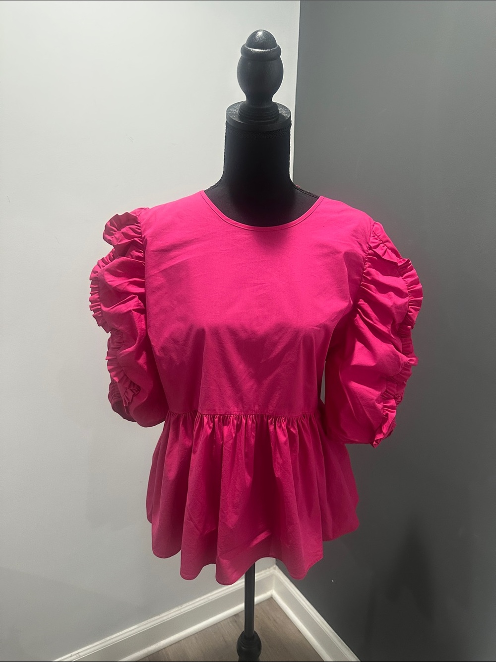 Puff-Sleeve Peplum Blouse in Hot Pink